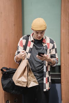 Asian man in a beanie reviewing his phone while holding delivery bags indoors.