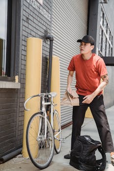 Man in red shirt making a bicycle delivery outdoors with a paper bag.