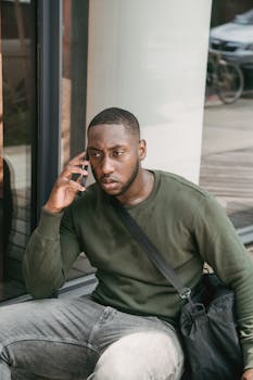 A man in a green sweater sits outdoors, engaged in a phone call.