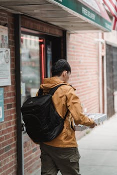 Delivery man carrying pizza boxes in an urban setting with a backpack, showcasing food service in action.
