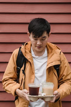 Asian man with backpack delivering two cold drinks in a city setting.
