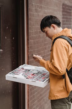 Side view of a delivery man holding a pizza box while using a mobile device outdoors.