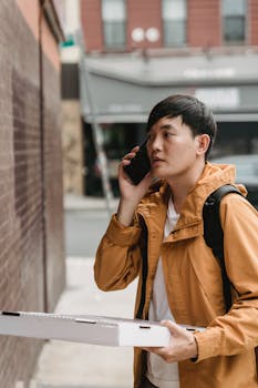 Man in yellow jacket delivering pizza, using cellphone outdoors.