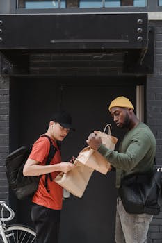 Two men exchanging food delivery bags in an urban setting, showcasing modern service culture.