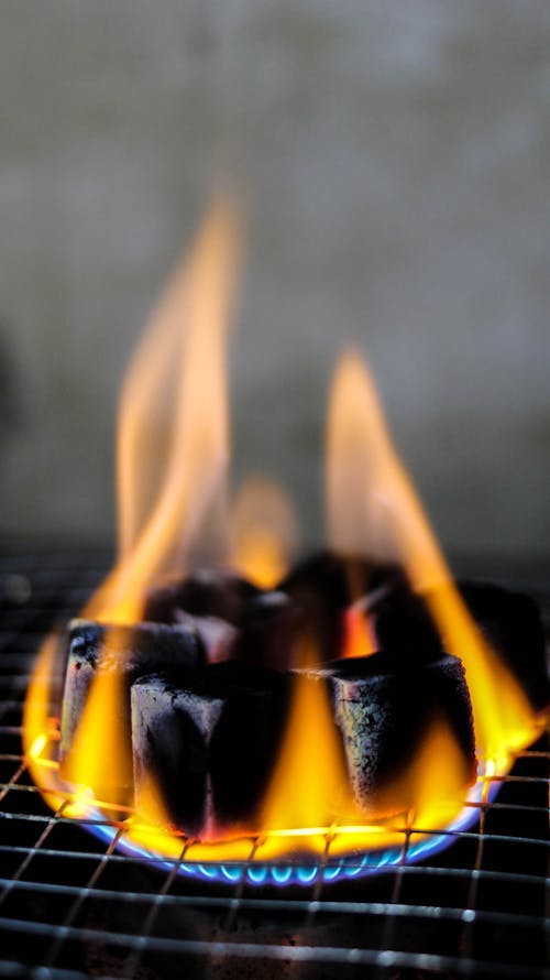 Close-up of Burning Coal Cubes