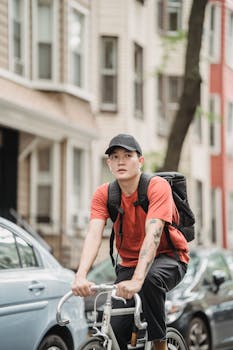 Asian delivery man biking through urban streets, providing speedy service.