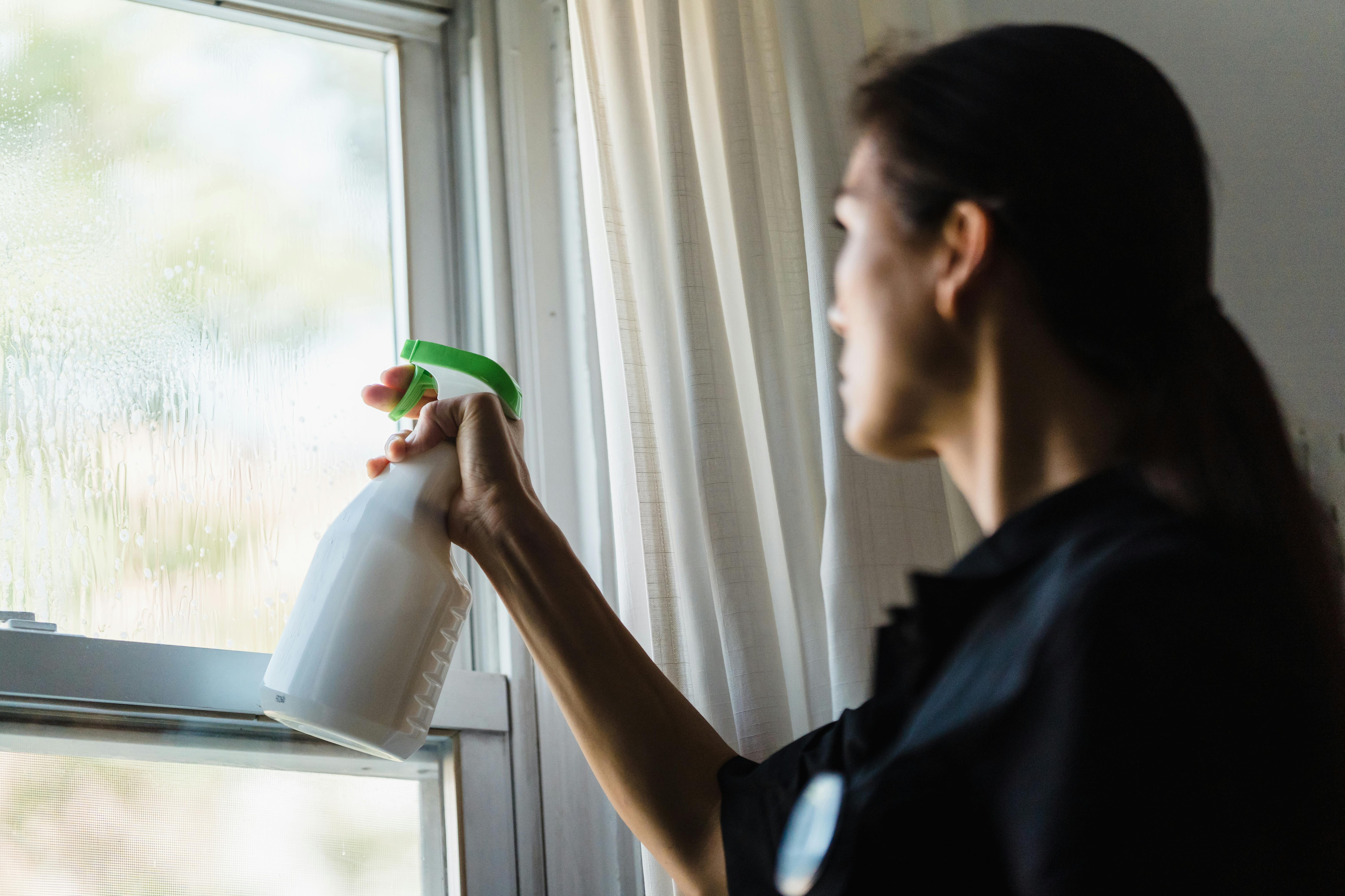 a woman spraying a window with glass cleaner