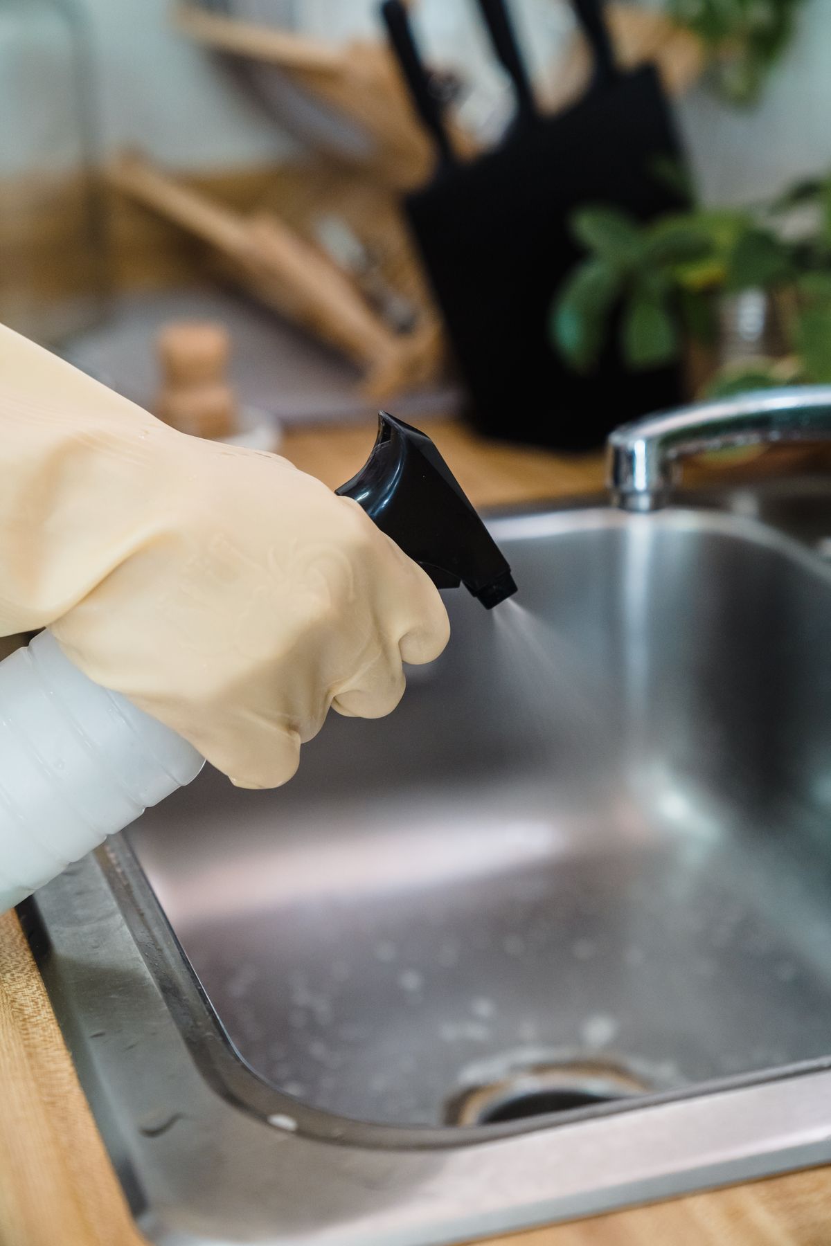 Gloved hand cleaning a kitchen sink