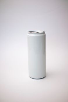 Minimalist white can product mockup on a plain background for branding and design.