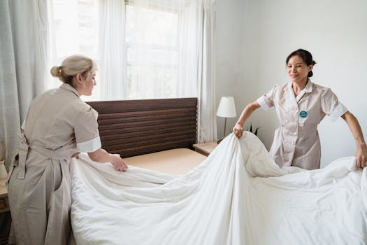 Two hotel housekeepers changing bed sheets in a sunlit room. Professional cleaning and hospitality.
