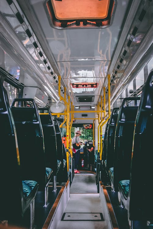 Mujer Estar De Pie, En, Autobús