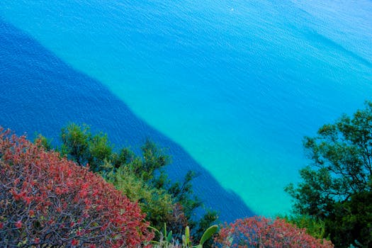 A breathtaking aerial shot showcasing the vivid turquoise waters off the Italian coast, perfect for travel inspiration.