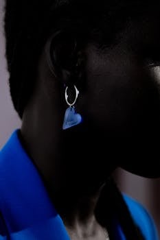 A striking close-up of a heart-shaped blue earring worn by an unrecognizable person in vibrant attire.