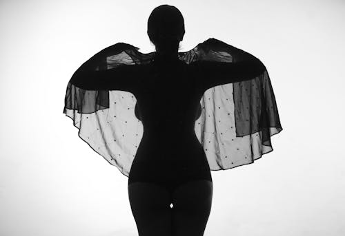 Silhouette of a Woman Posing while Holding a Sheer Fabric