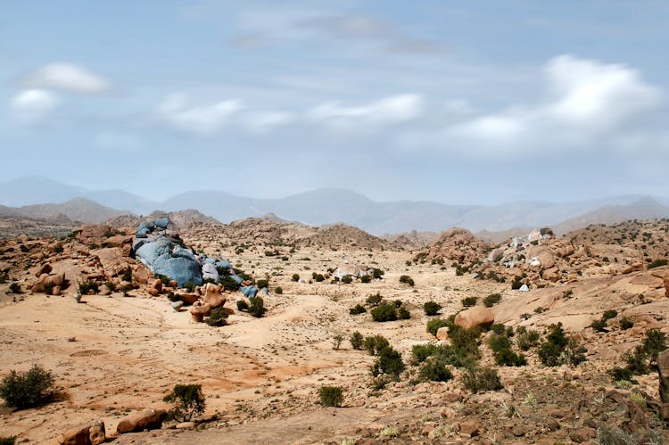 Painted Blue Rocks At Tafraoute At The Anti-atlas Mountain Range