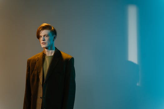 Portrait of a man standing against a blue background, wearing a brown blazer.