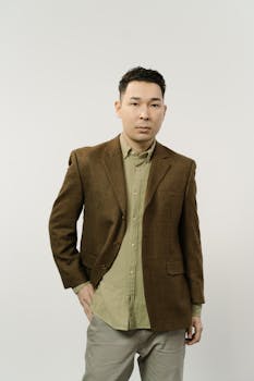 A stylish man wearing a brown blazer poses confidently in a studio setting. Perfect for fashion concepts.