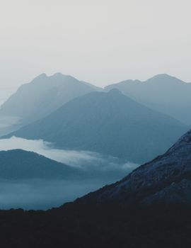 Explore the serene beauty of misty mountain ranges captured in early morning light, enveloped in tranquil fog.
