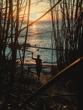 A person walking towards a tranquil beach with a stunning sunset in the background.