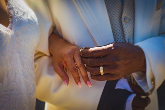Close-up photo of a couple exchanging rings, symbolizing love and union.