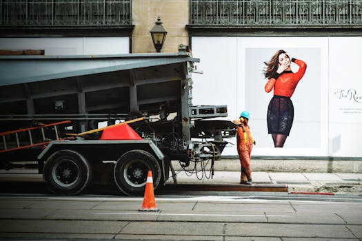 一名建筑工人正在城市街道旁的卡车边工作