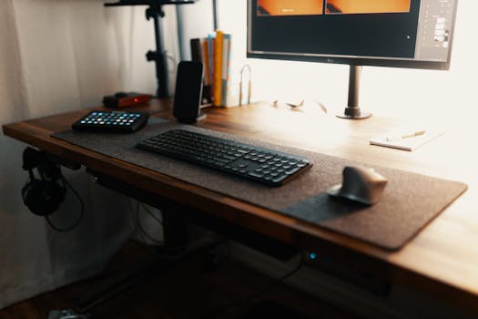 A neatly organized modern home office setup with a computer, keyboard, and gadgets on a wooden desk.