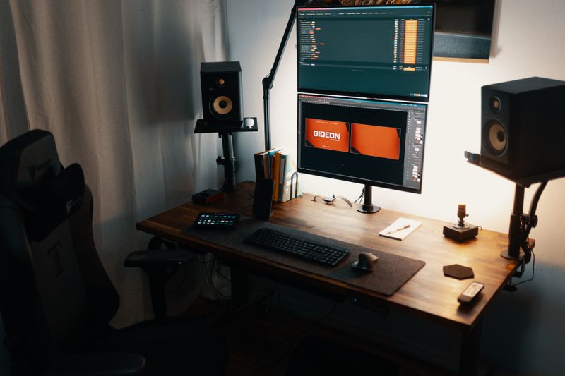 narrow standing desk fitted into a small apartment nook