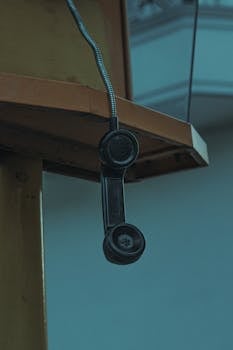 Close-up of a vintage black telephone handset hanging indoors with a moody tone.