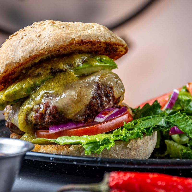 Ecuadorian Cumin-Garlic Beef Burgers with Fried Cheese and Avocado