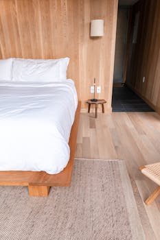 Explore a cozy minimalist bedroom featuring wooden interior design and soft textiles.