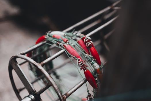 Detailed view of fishing net with red floats and metal reel, showcasing artisan design.