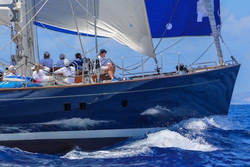 People Riding on White and Blue Sail Boat