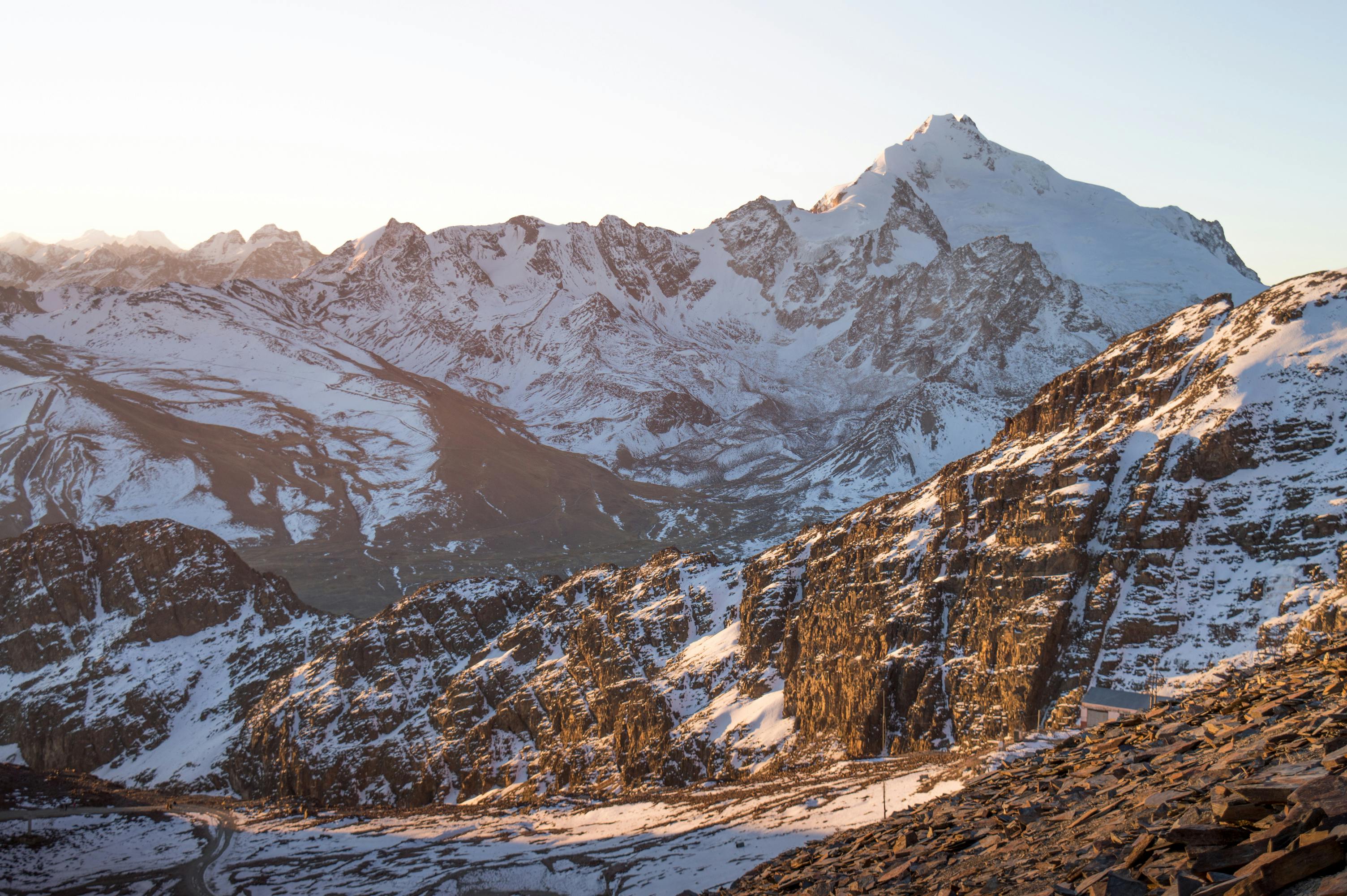 Breathtaking view of the snowy Andes mountains in La Paz, Bolivia during winter. - La Paz