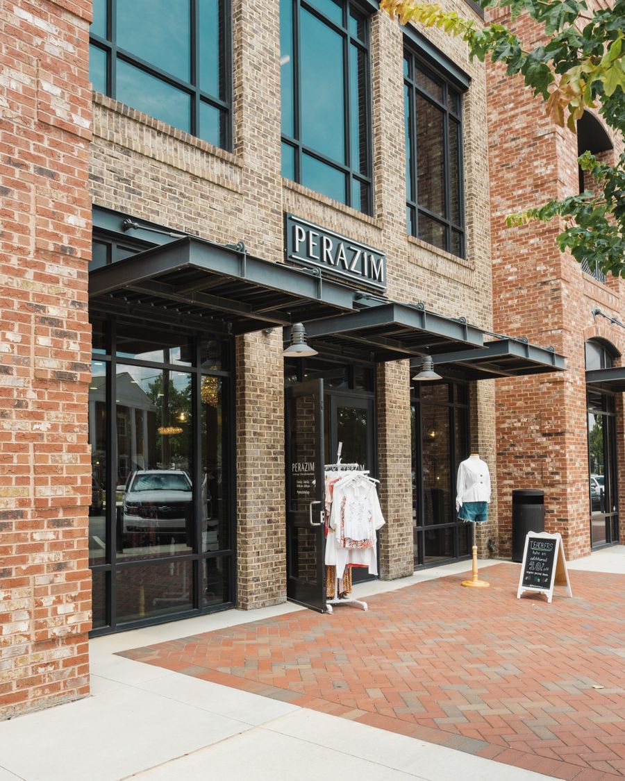 Retail storefront with awning and signage