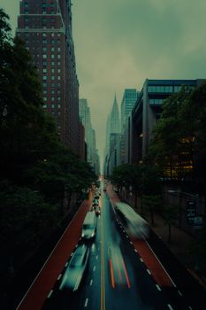 Dynamic view of New York City with blurred traffic in twilight, highlighting urban energy and architectural beauty.