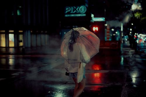 Free A woman with a translucent umbrella walks on a wet New York City street at night. Stock Photo
