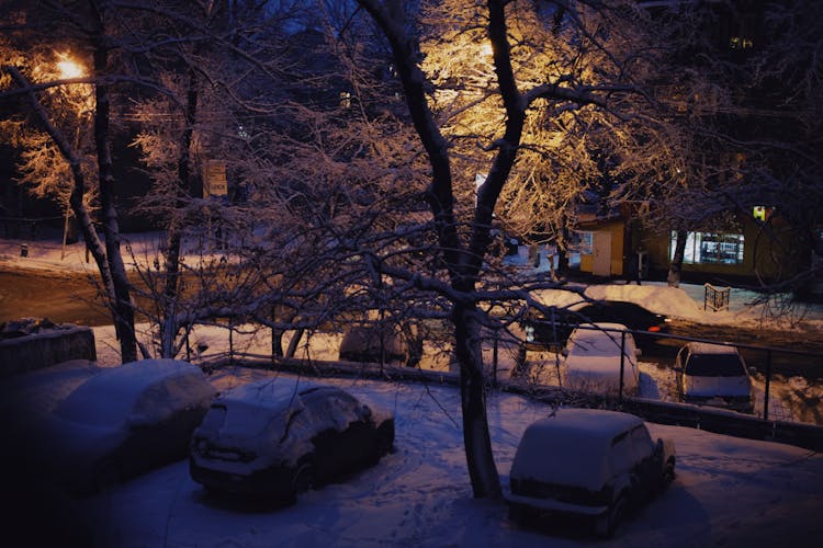 
A Snow Covered Neighborhood At Night