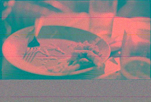 Grainy artistic image showing an empty meal plate with a fork, capturing the essence of finishing a meal.