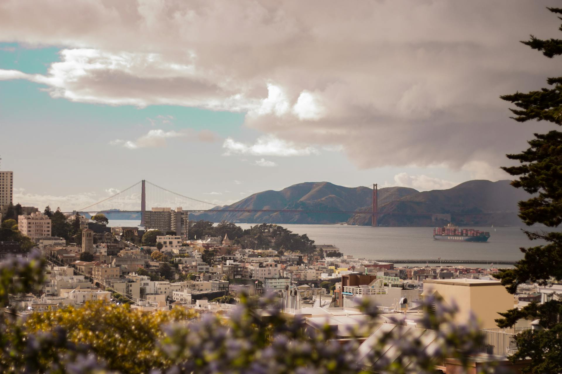 Scenic view of San Francisco cityscape with the iconic Golden Gate Bridge under cloudy skies.