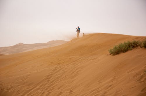 Man Standing on Brown Sand Under Gray Sky