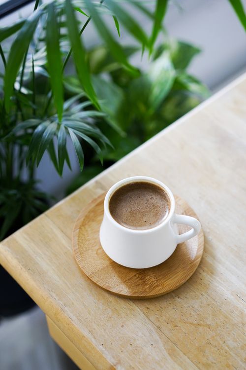 Free A warm cup of coffee on a wooden table with lush green plants in the background. Stock Photo