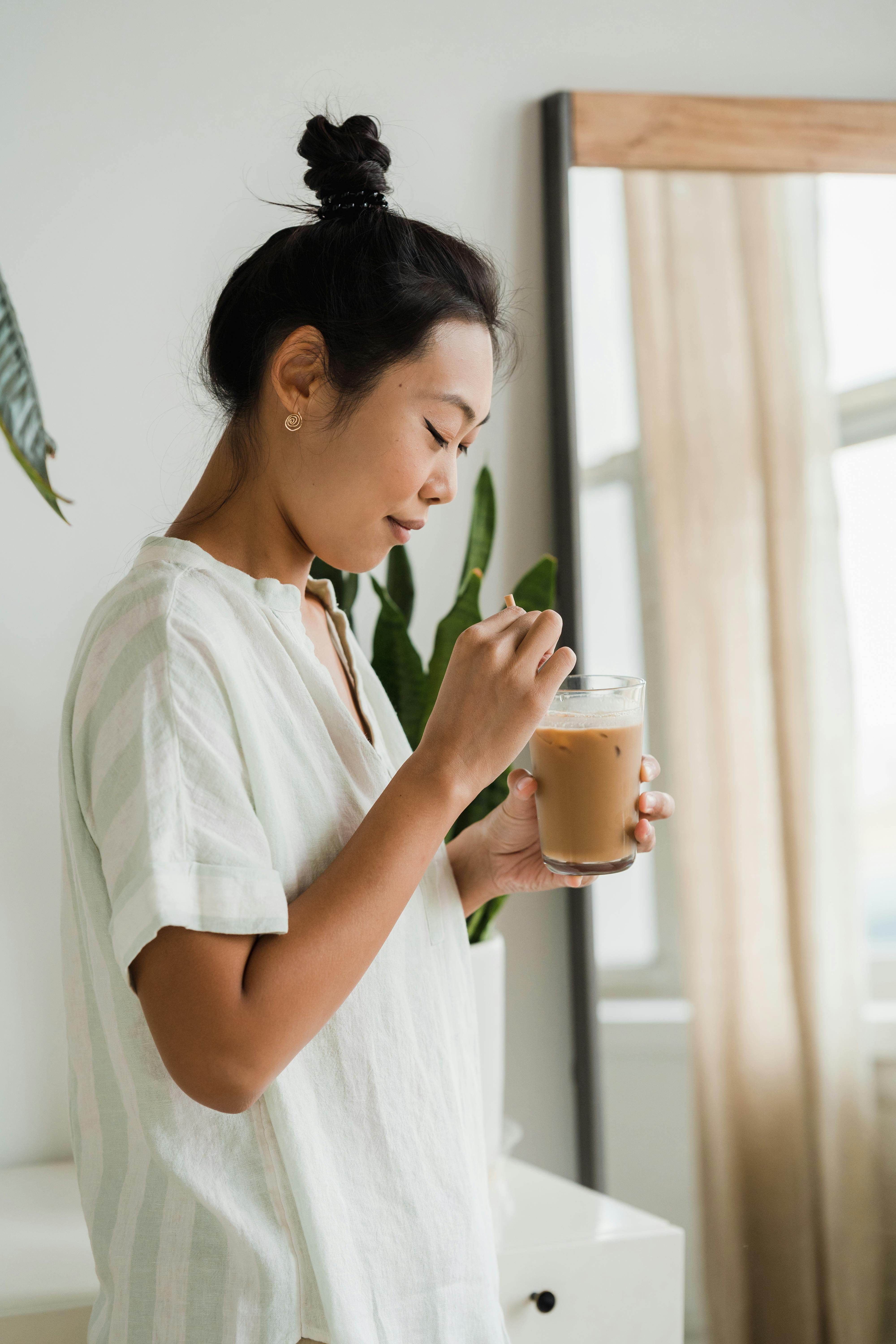 Iced Coffee Latte Iced Coffee Milk Woman Holding Glass Cup Stock Photo by  ©Volurol 201882220