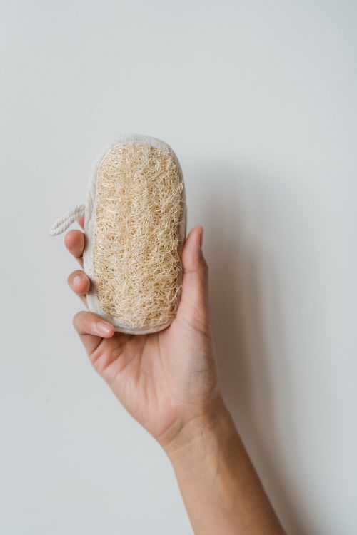 Free Close-up of a hand holding a natural loofah, ideal for exfoliation and personal hygiene. Stock Photo