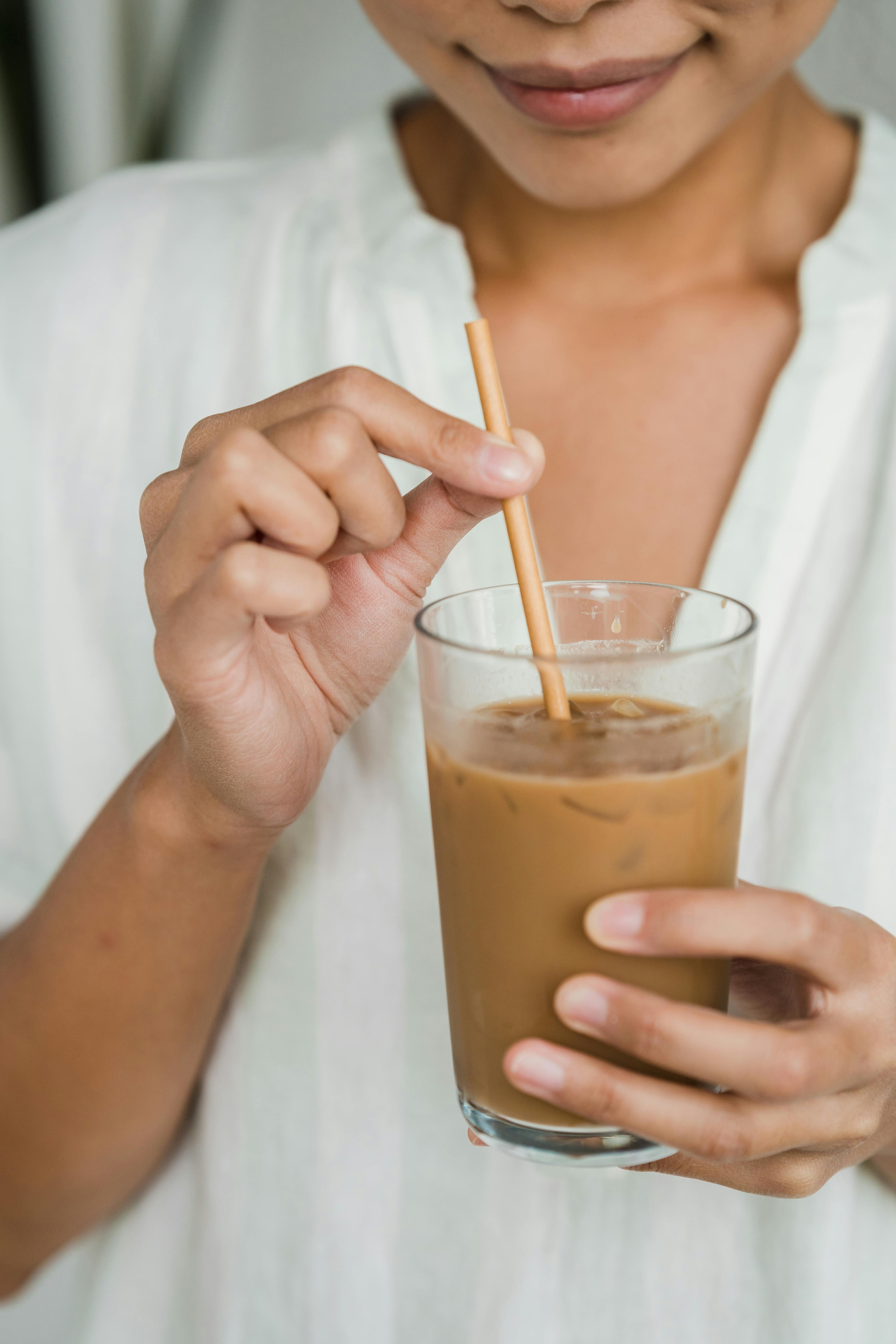 Iced Coffee Latte Iced Coffee Milk Woman Holding Glass Cup Stock Photo by  ©Volurol 201882220