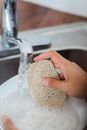 Close-Up Photo of Person Cleaning a Plate with Scrub