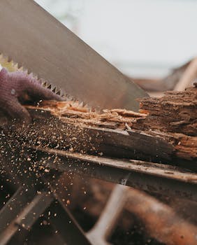 Detailed image of a saw cutting through wood, producing sawdust in motion. Perfect for industrial themes.