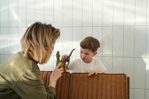 A Woman Playing with her Son on a Bench