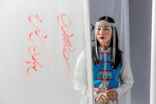 Portrait of an Asian woman wearing traditional Mongolian attire standing behind a white curtain with red text.