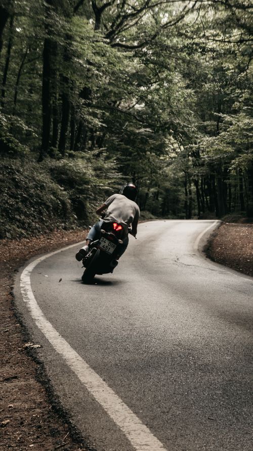 Free Motorcyclist riding through a winding forest road in Istanbul, Turkey, showcasing adventure and freedom. Stock Photo