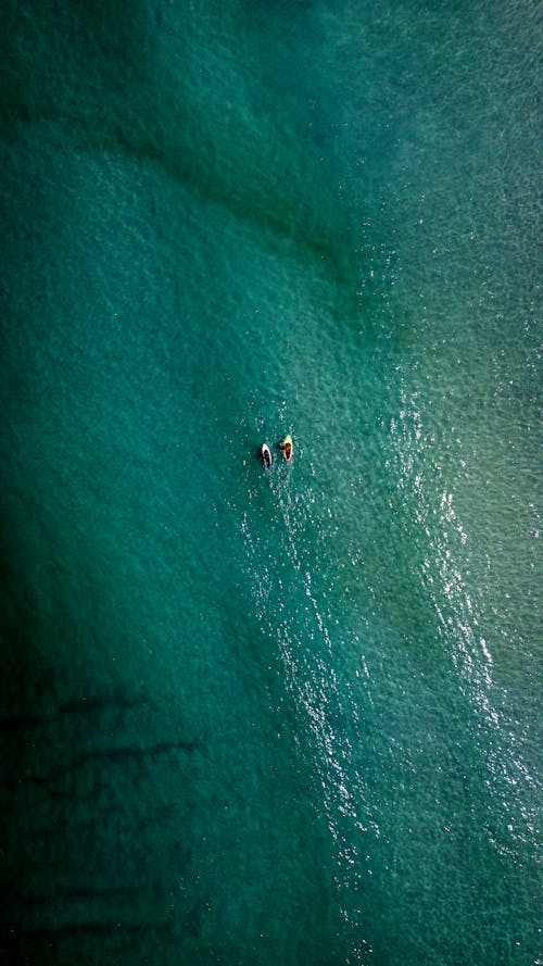 Aerial View of People Paddle Boarding on Sea